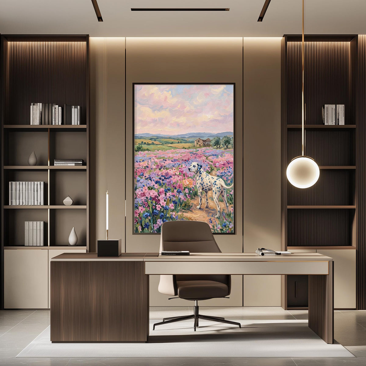 a modern office space with a large painting of a field of flowers hanging on the wall. The painting is framed in black and is positioned above a wooden desk with a chair. The desk is situated in front of a bookshelf, which is filled with various books and decorative items. The overall design of the office space is sleek and contemporary, with a focus on natural elements and a harmonious color palette.