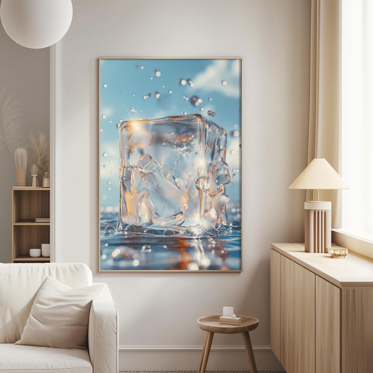 a large, framed photograph of a clear, frozen cube of water with water droplets on its surface, hanging on a wall in a living room setting.