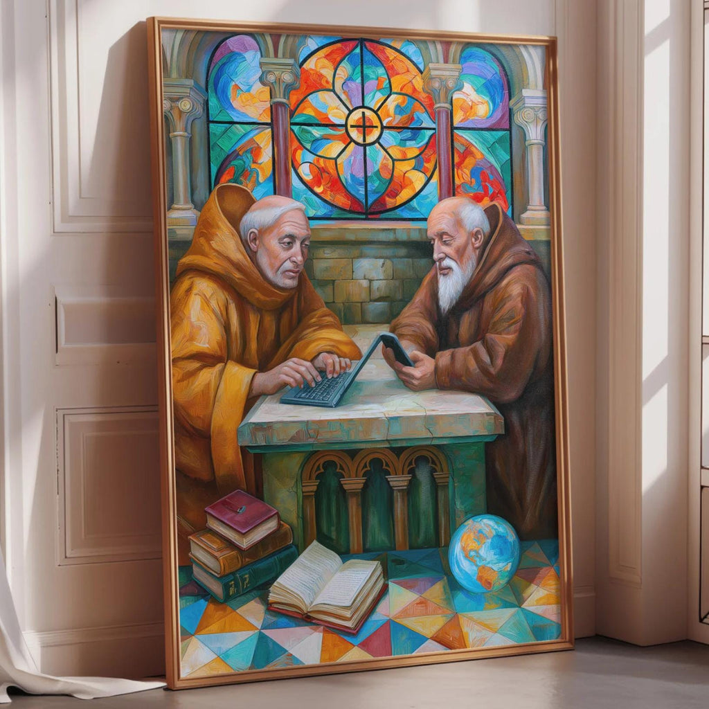 The image is a painting depicting two elderly men, possibly monks, sitting at a table and using a computer. The painting is framed and placed on a wooden floor, with a stained glass window visible in the background.