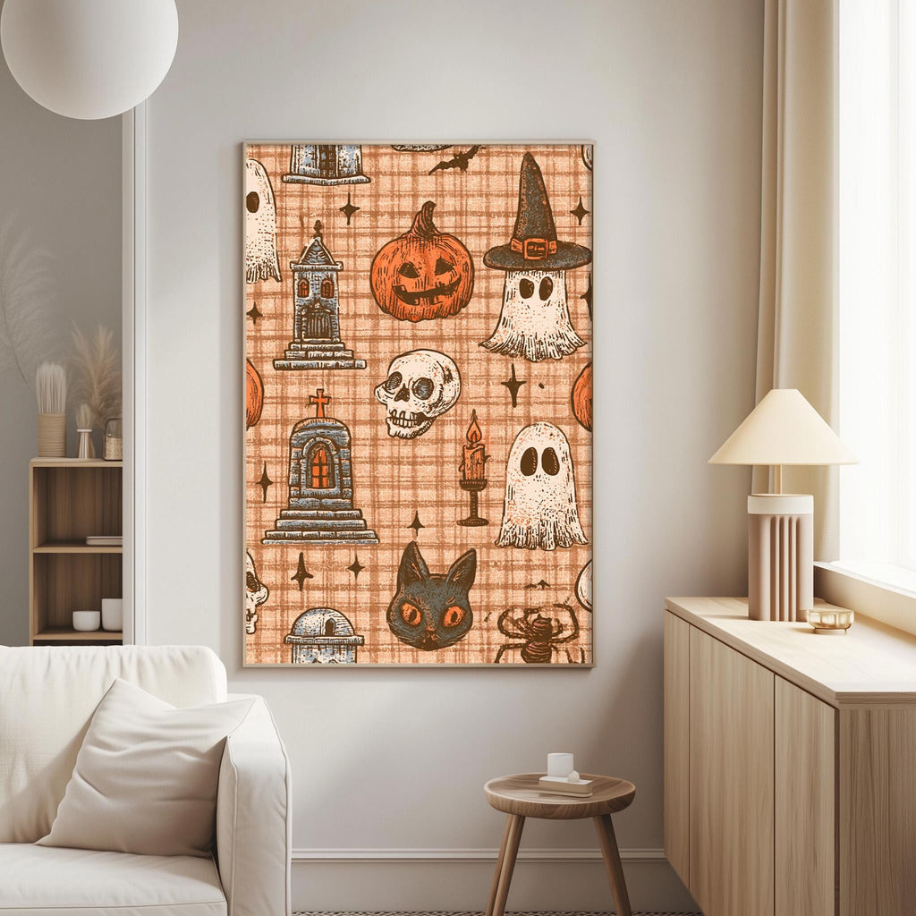 a wall art piece with a Halloween-themed design, including a jack-o-lantern, ghost, skeleton, and other spooky and eerie elements. The art piece is displayed in a living room setting, with a white couch and a lamp visible in the background.