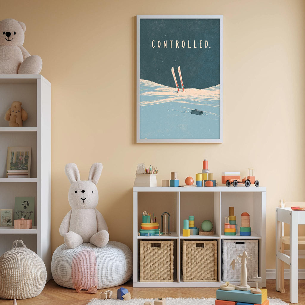 A cozy children's room with a white bookshelf, a plush rabbit, and a colorful toy box filled with toys. A framed poster with the word "controlled" is displayed on the wall above the bookshelf.
