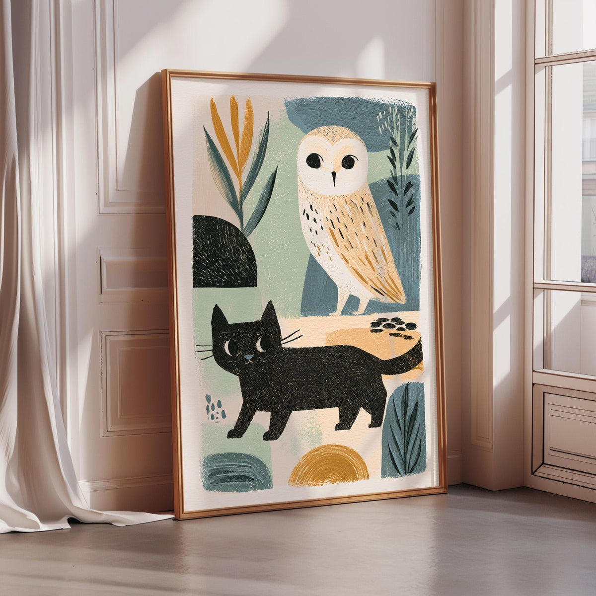 a framed artwork depicting an owl and a black cat, with various abstract elements and shapes surrounding them.