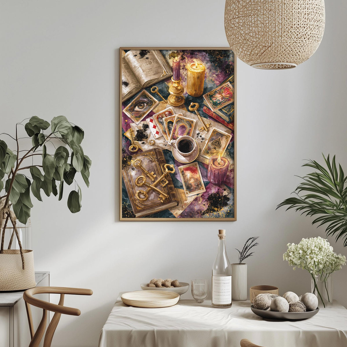 a framed painting of a tarot card spread, with various objects such as a candle, a book, and a bowl of fruit displayed on a table.