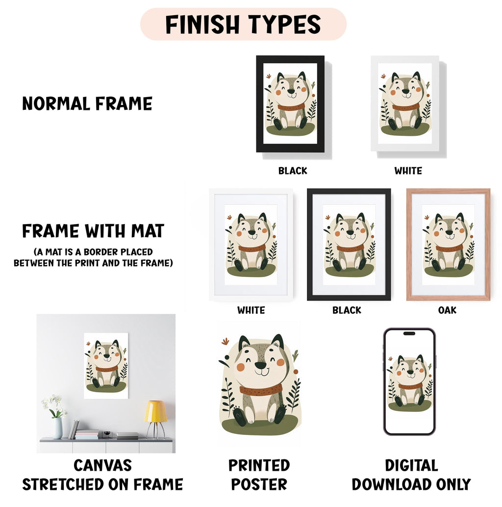 various types of artwork, including a normal frame, a frame with a mat, a white frame, a black frame, an oak frame, a canvas stretched on a frame, a printed poster, and a digital download only.