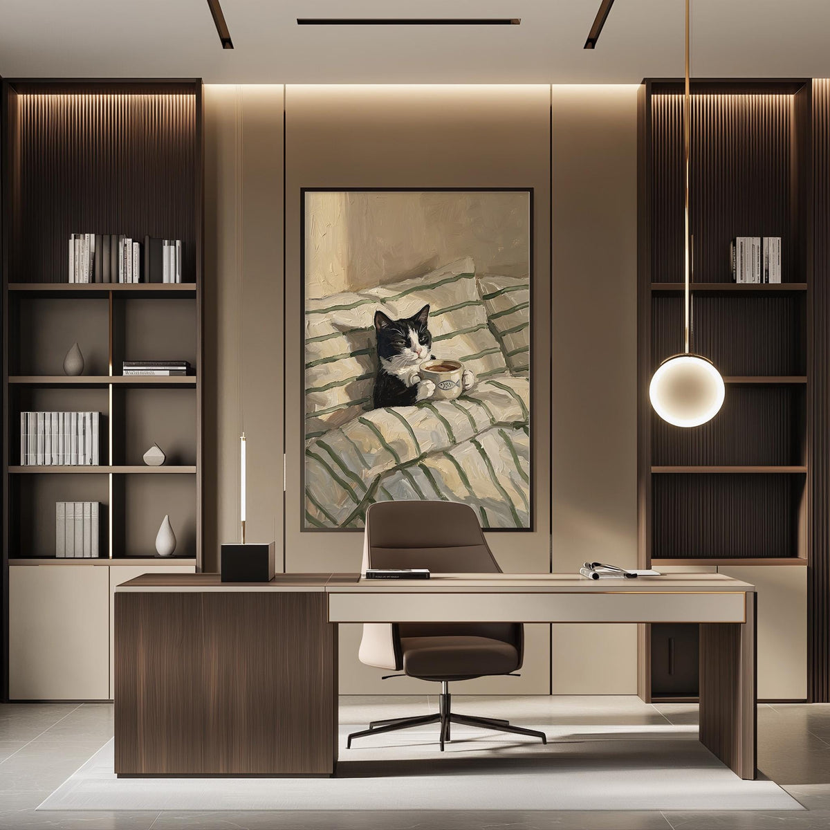 a modern and stylish home office with a large framed painting of a cat sitting on a bed in the background. The office features a wooden desk, a comfortable chair, and a bookshelf filled with books and decorative items.