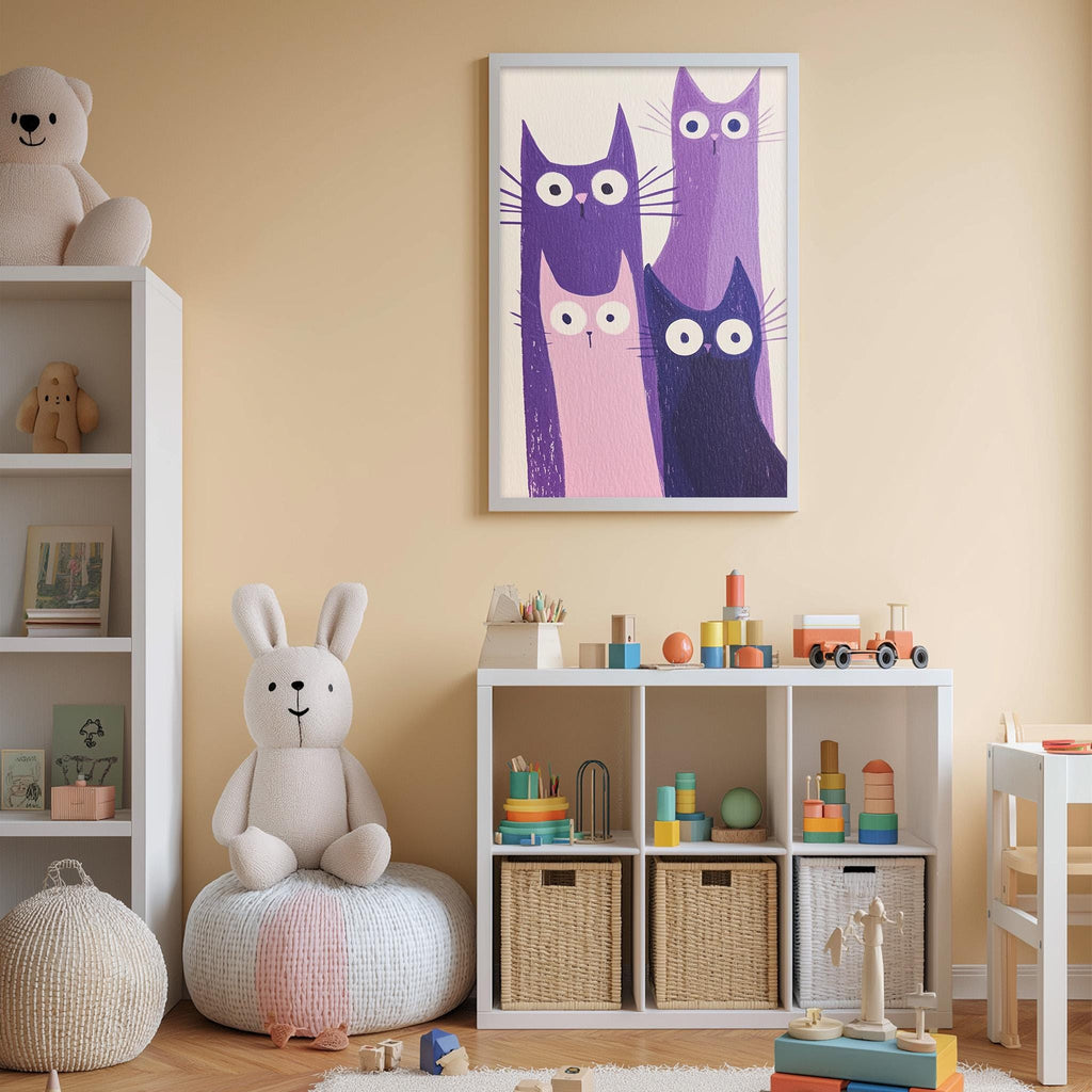 A cozy children's room with a white bookshelf, a plush rabbit, and a colorful toy box filled with toys. Above the bookshelf, there is a framed picture of three cartoon cats.