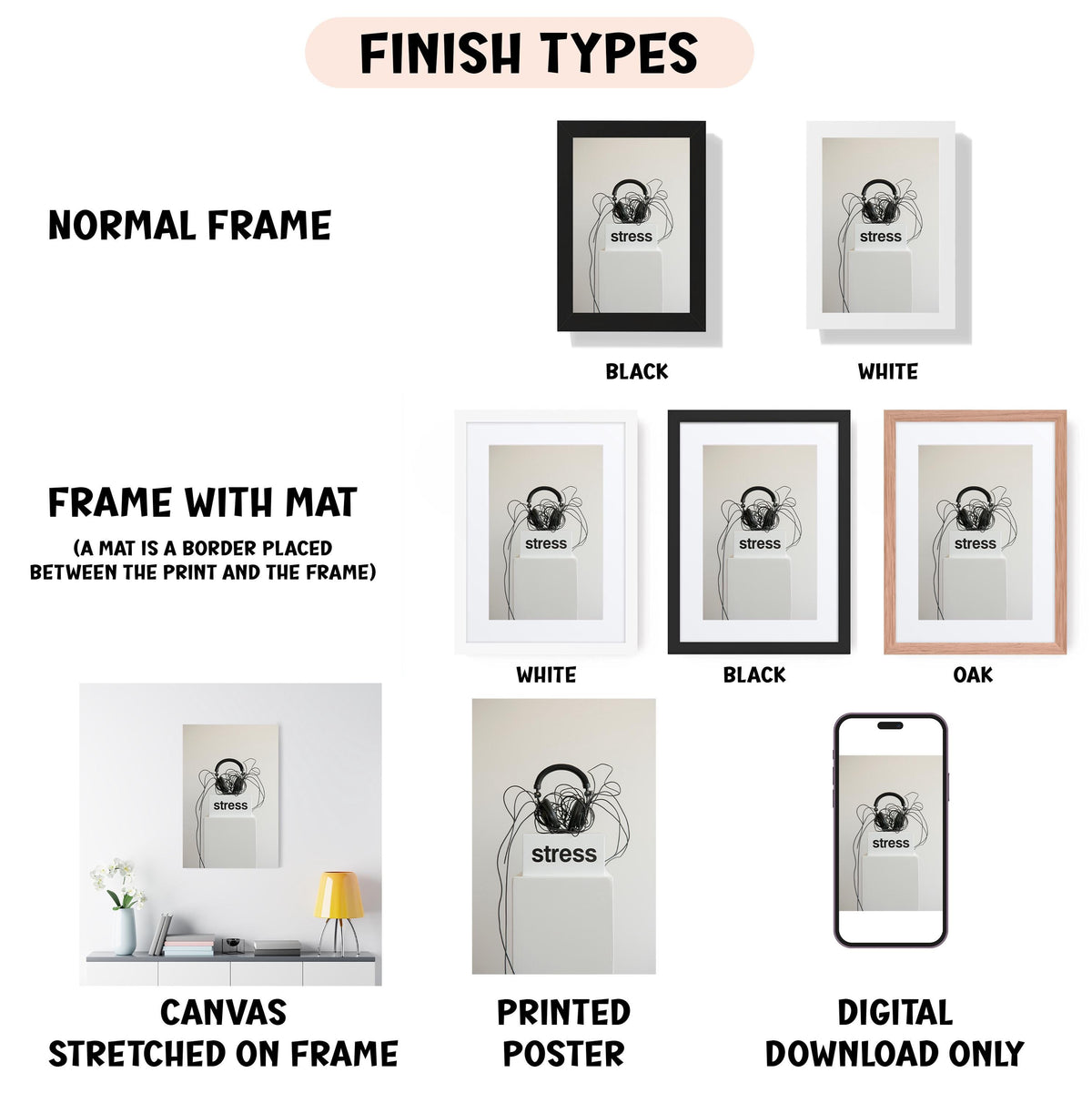 various finish types for artwork, including a normal frame, a frame with a mat, a white frame, a black frame, a black frame, an oak frame, a white frame, a black frame, a white frame, a printed poster, and a digital download only.