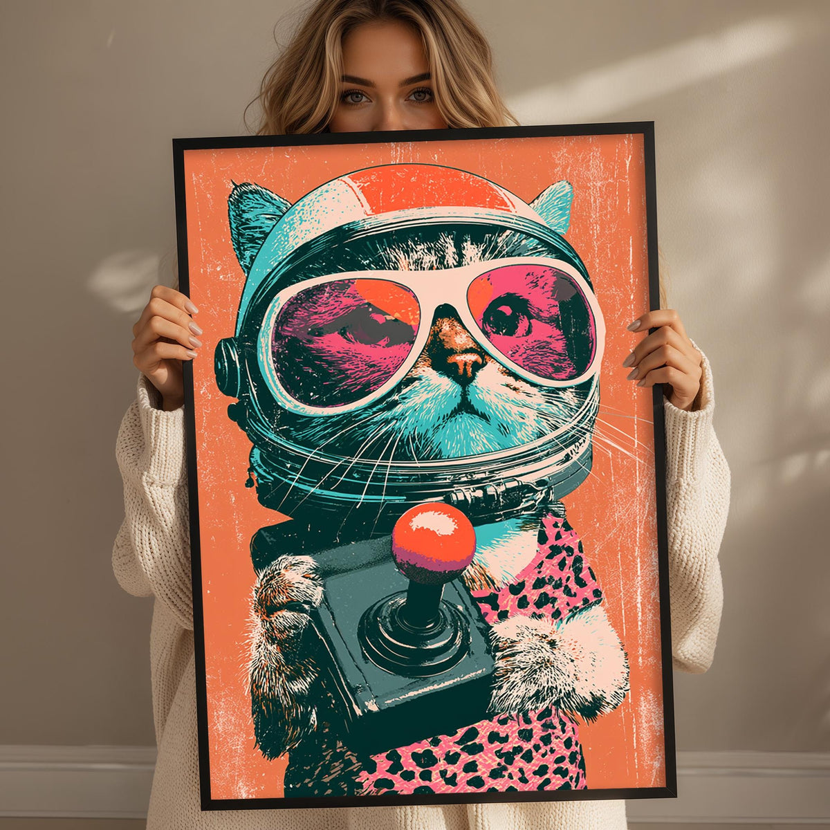A woman is holding up a framed poster featuring a cat wearing a spacesuit and sunglasses, with a red button in its paw.