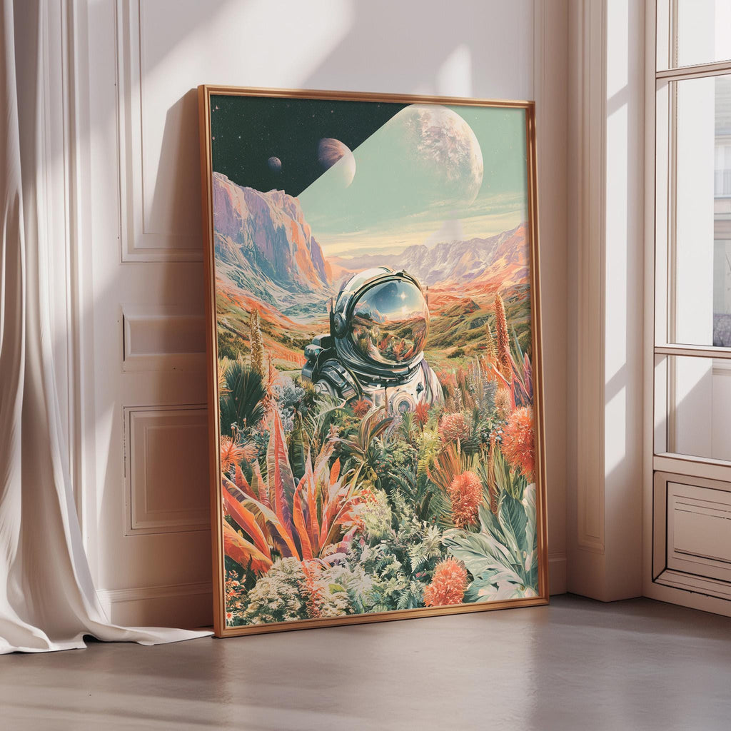 The image is a framed artwork depicting an astronaut in a space suit standing amidst a vibrant, colorful landscape with plants and flowers.