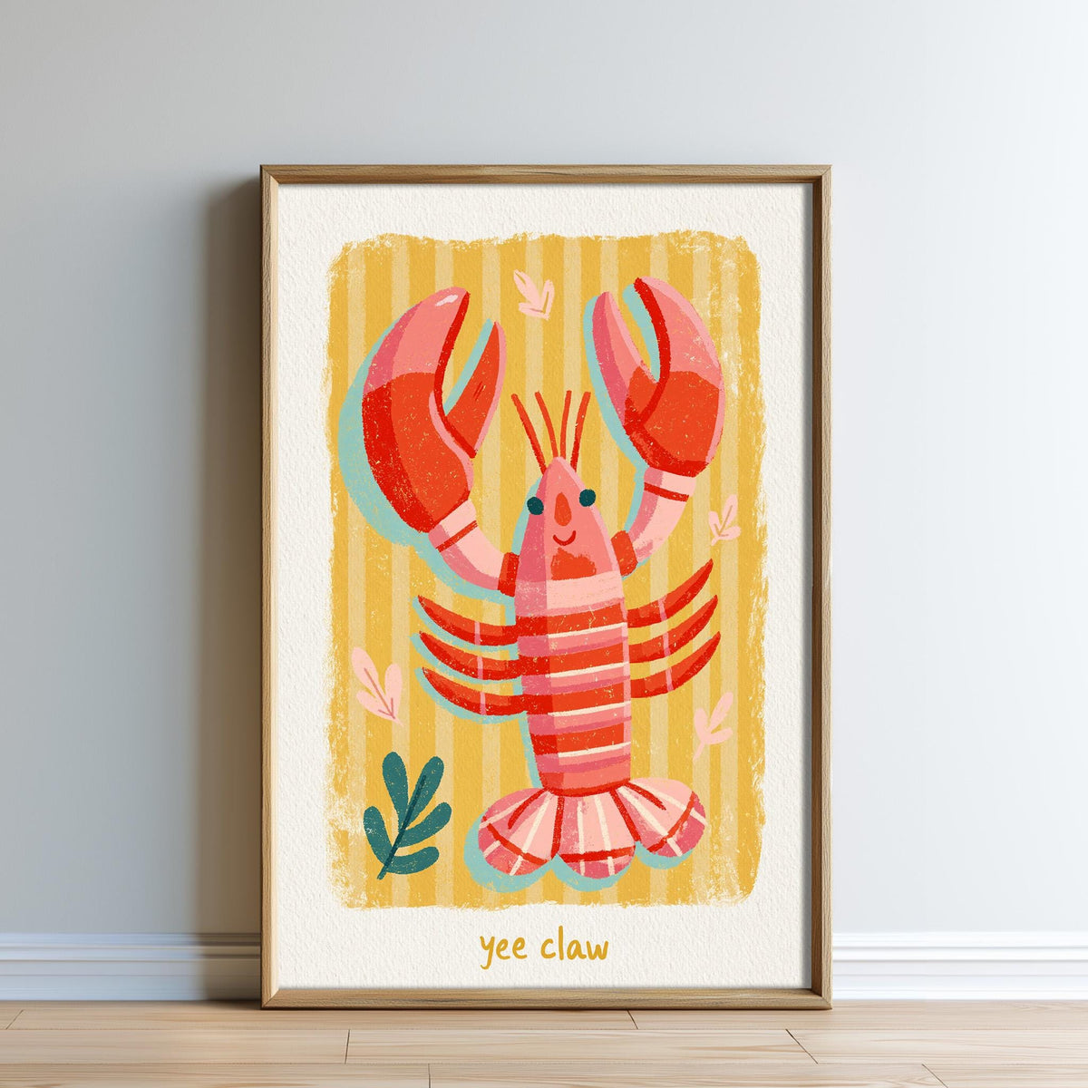 The image is a framed illustration of a lobster with its claws raised, set against a yellow and green striped background.