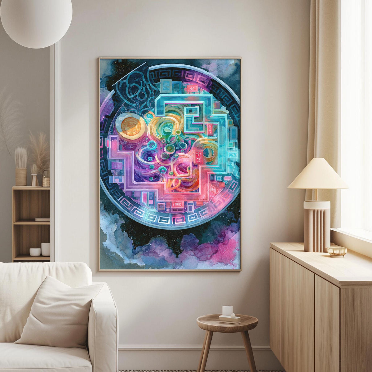 a vibrant, abstract painting hanging on a wall in a living room. The painting is a colorful, circular design with various shapes and patterns, including geometric and organic elements. The painting is framed in a wooden frame and is the focal point of the room.