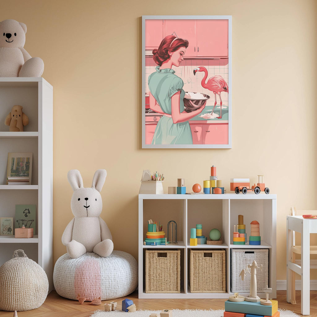 a child's bedroom with a pink flamingo painting on the wall, a white bookshelf filled with toys, and a white chair.