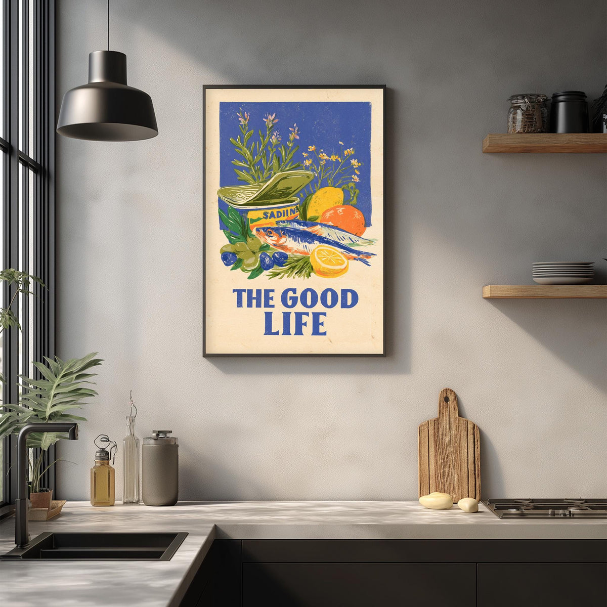 a framed poster with a vibrant illustration of various fruits and vegetables, including a fish, hanging on a wall above a kitchen counter.