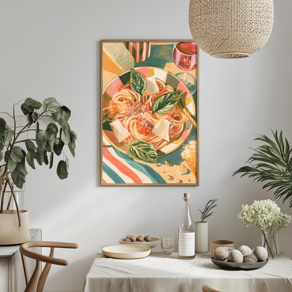 a dining table with a bowl of food, a bottle, and a vase of flowers, surrounded by potted plants and a hanging light fixture.