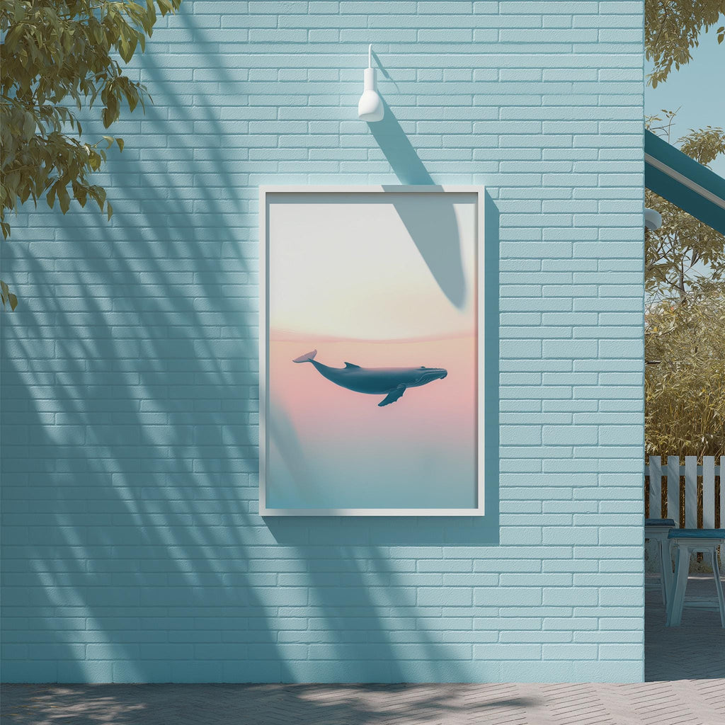 a blue brick wall with a framed picture of a whale hanging on it.