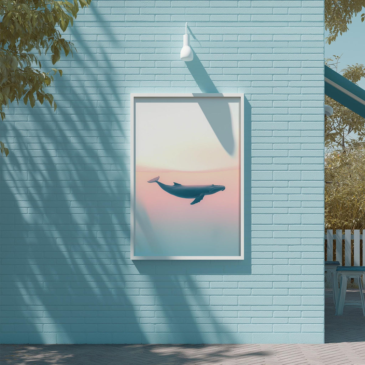 a blue brick wall with a framed picture of a whale hanging on it.