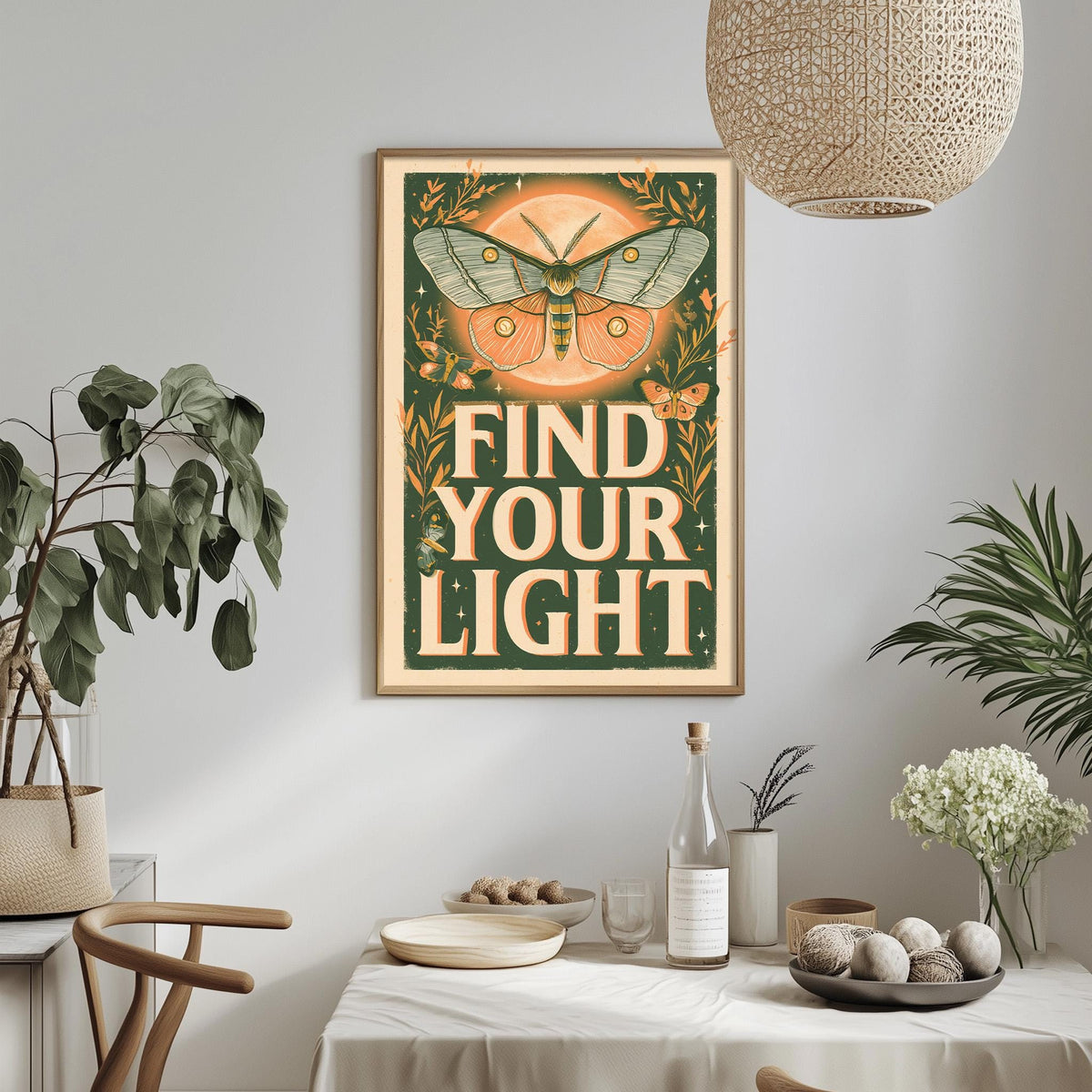 a framed poster with the text "FIND YOUR LIGHT" hanging on a wall above a dining table with various items on it, including a bottle, a bowl, and a vase.