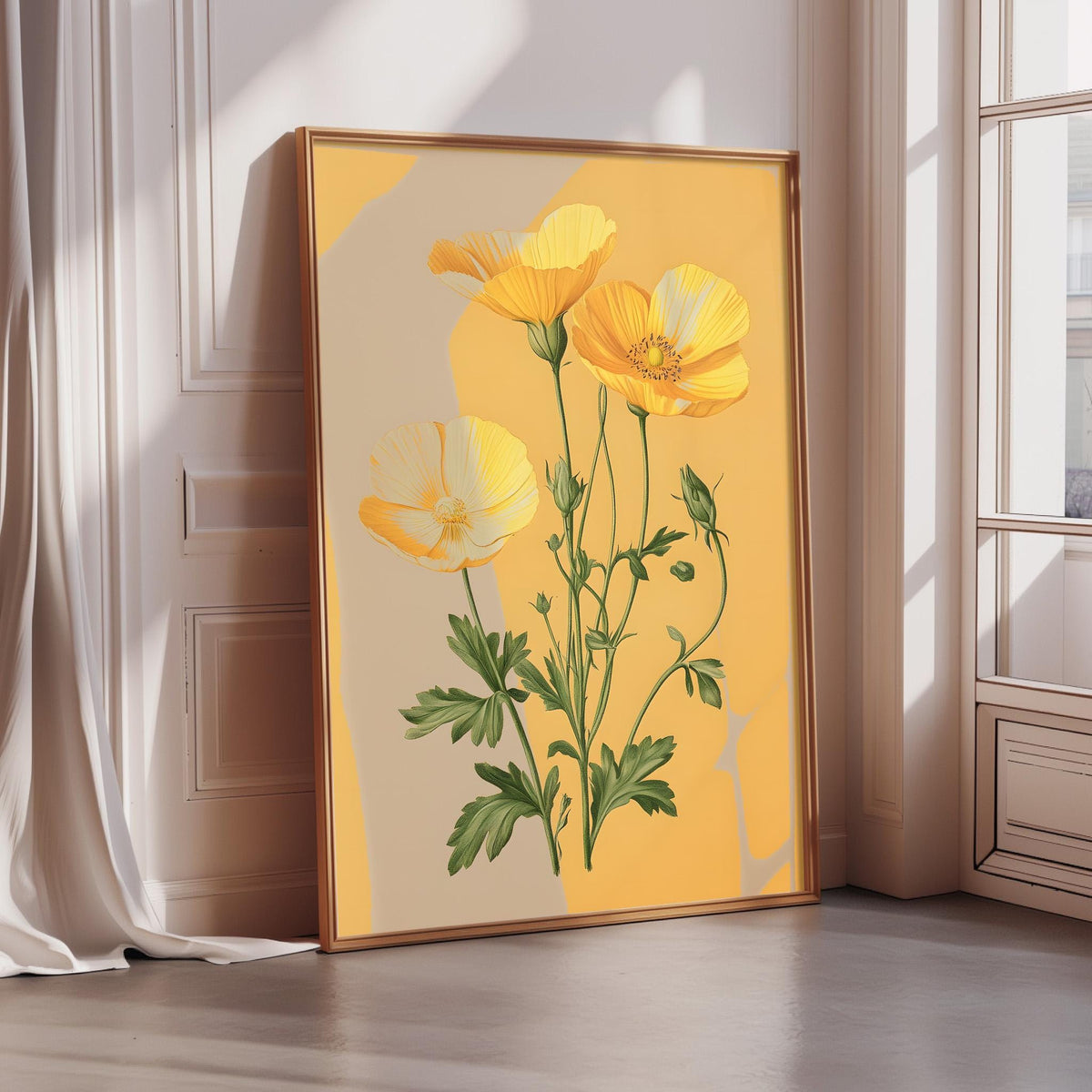A framed illustration of yellow flowers is displayed on a wall in a room with a window.