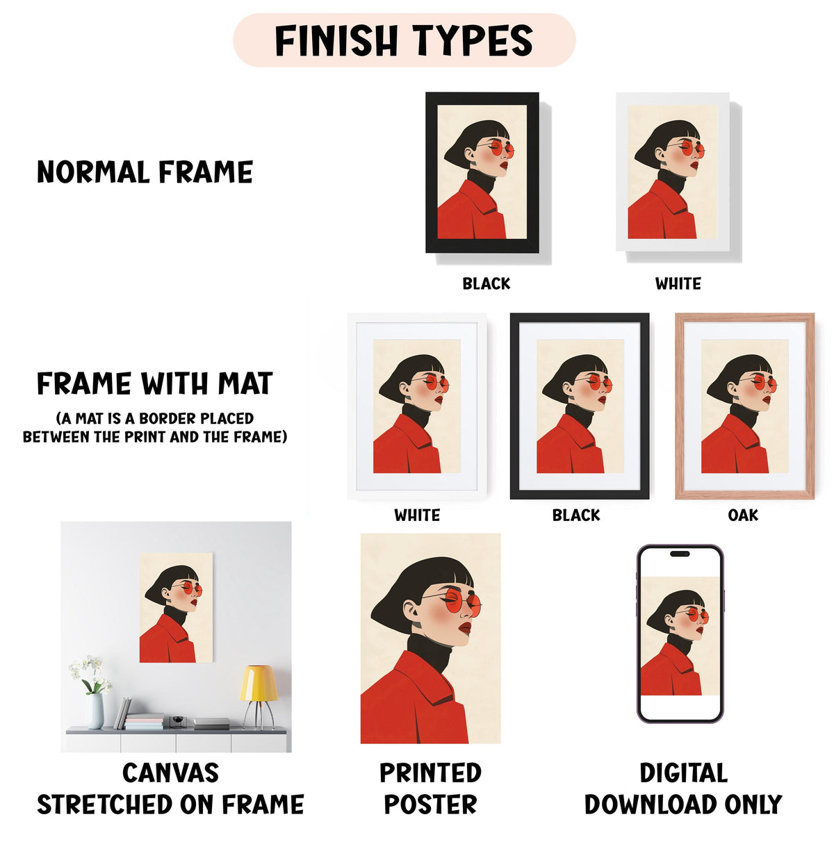various types of artwork, including a portrait of a woman in a red jacket, framed in different styles and colors.