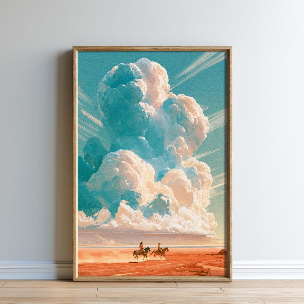 The image is a framed painting depicting a serene landscape with two people riding horses in a desert setting, with a large, fluffy cloud formation in the sky.