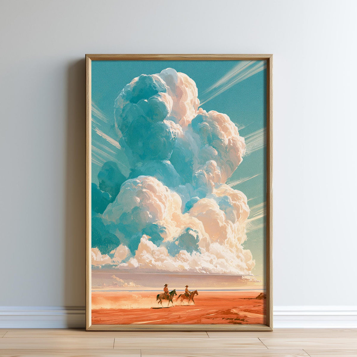 The image is a framed painting depicting a serene landscape with two people riding horses in a desert setting, with a large, fluffy cloud formation in the sky.