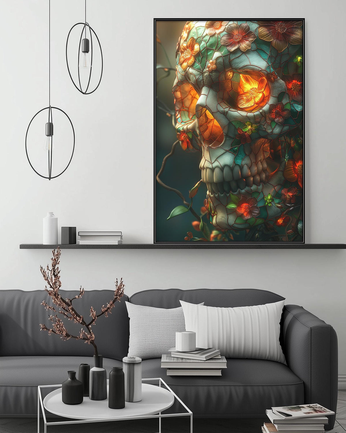 a large, colorful painting of a skull with flowers and leaves adorning the wall above a gray couch in a modern living room setting.