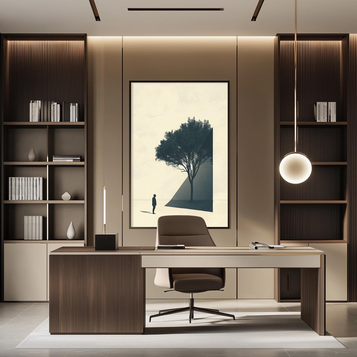 a modern and minimalist office space with a large window, wooden furniture, and a minimalist design aesthetic.