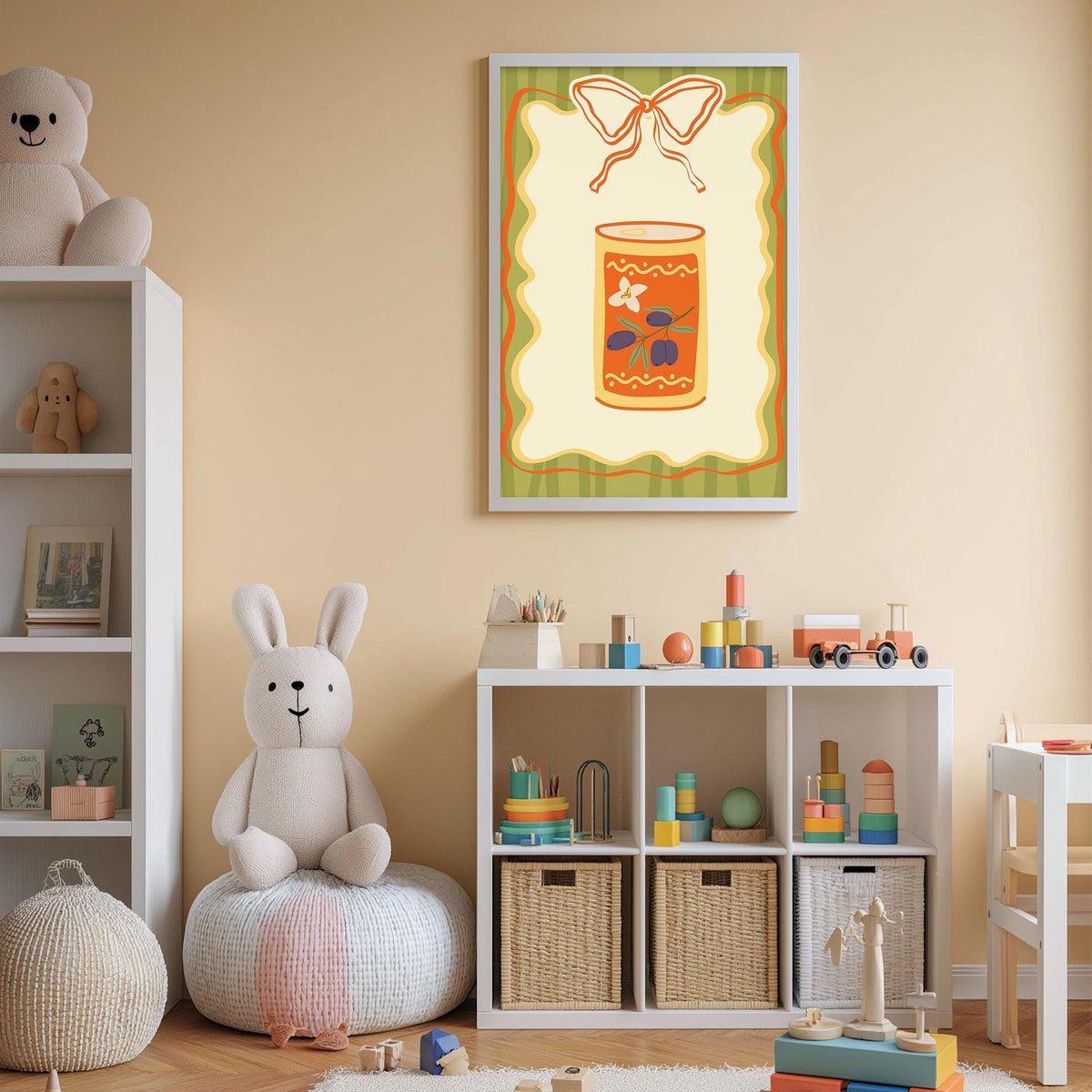 A cozy and colorful children's bedroom with a white bookshelf, a plush rabbit, and a toy train set. The walls are painted a light peach color, and there is a framed picture of a can of soup hanging on the wall.