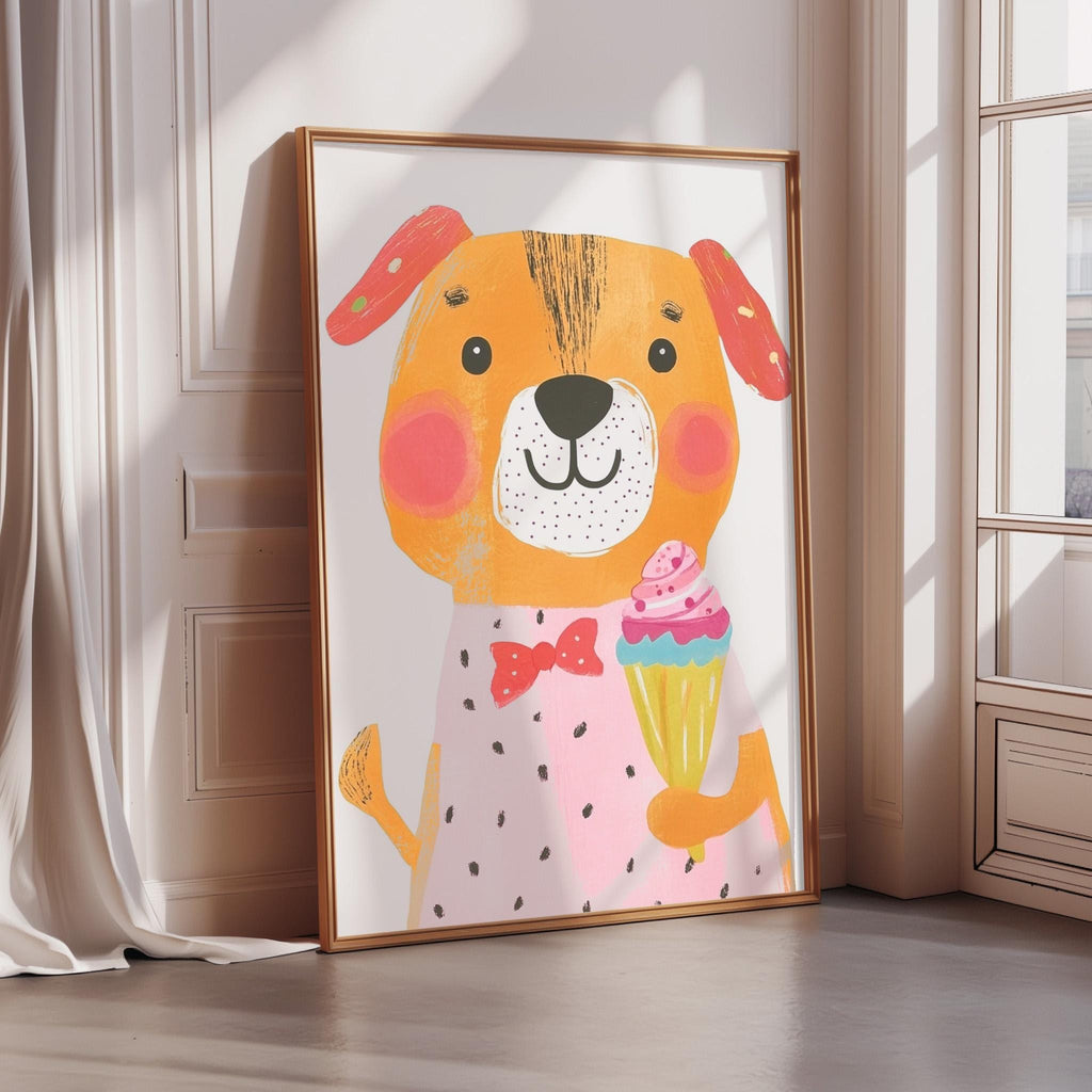 A framed illustration of a cartoon dog holding a cupcake.