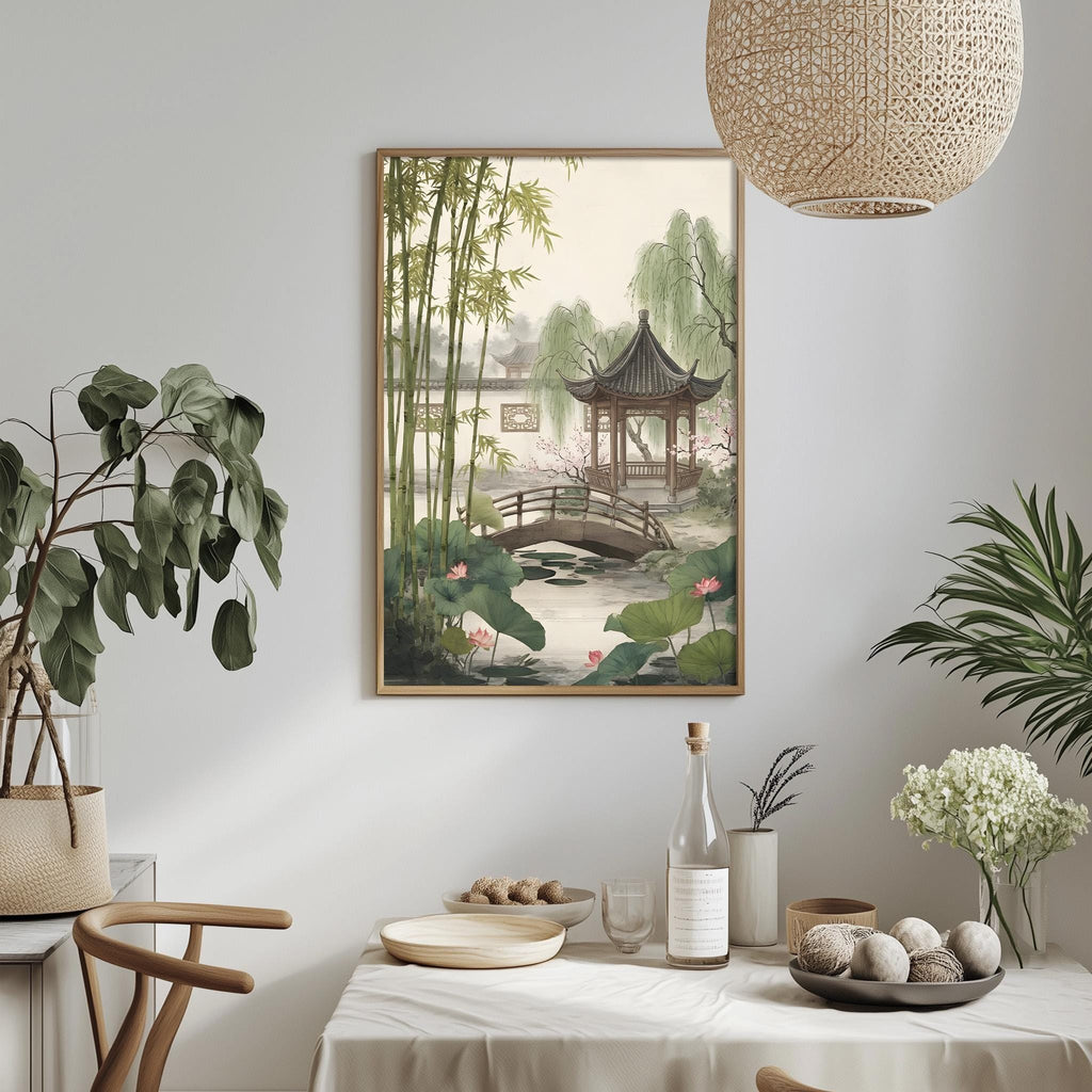 a serene and tranquil indoor setting with a painting of a traditional Chinese garden hanging on the wall. The painting depicts a bamboo bridge surrounded by lush greenery and pink flowers, creating a peaceful and harmonious atmosphere. The room is decorated with various plants, vases, and other decorative elements, contributing to the overall calming ambiance.