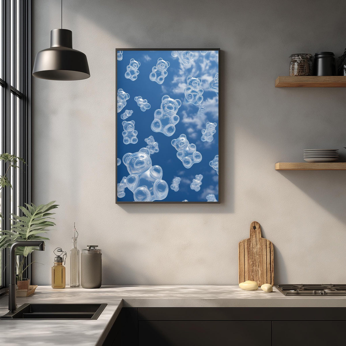 a kitchen counter with various items such as a cutting board, a soap dispenser, and a plant. Above the counter, there is a framed image of bubbles floating in the sky.
