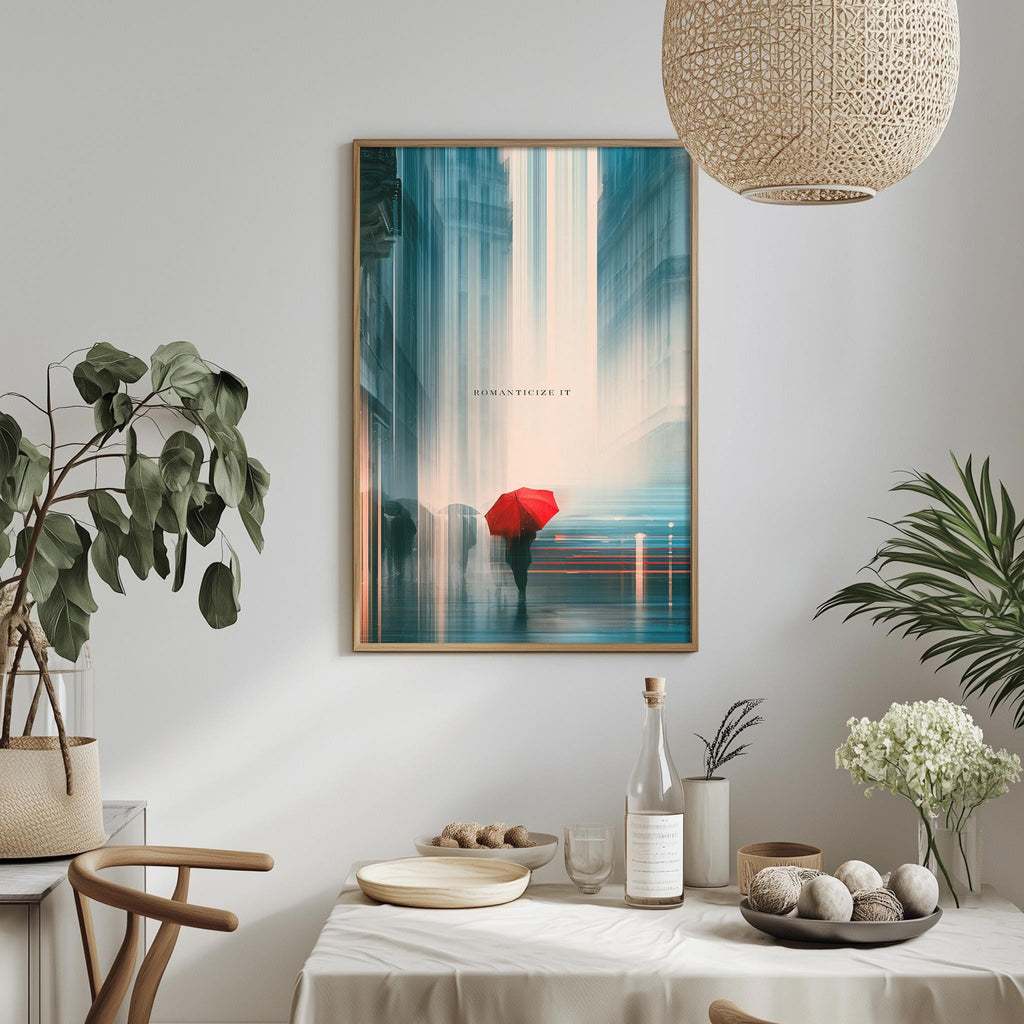 a dining table with a white tablecloth, a vase of white flowers, a bottle of wine, and a bowl of fruit. Above the table, there is a framed painting of a person holding an umbrella, with a cityscape in the background.