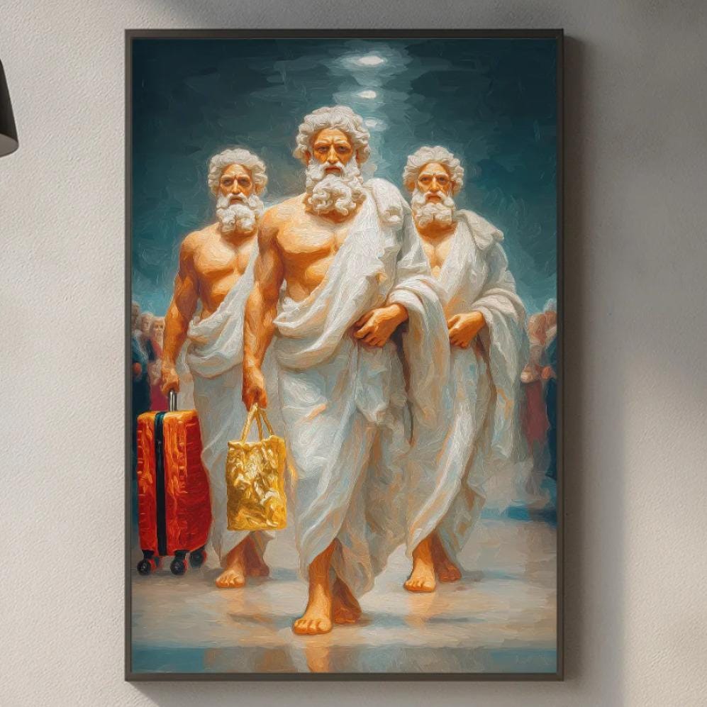 a framed painting of three men in white robes, standing in a room with a kitchen counter and various kitchen items visible below the painting.