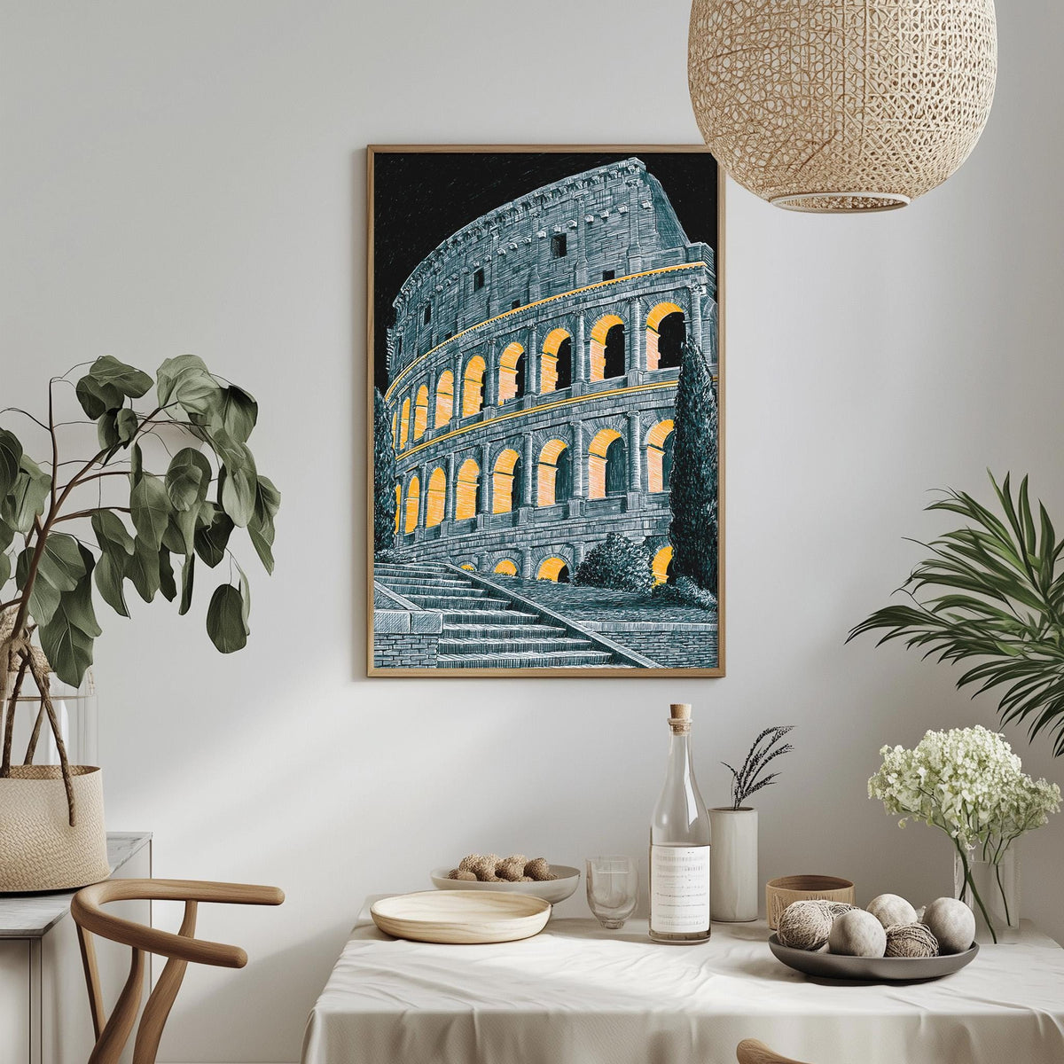 a framed illustration of the Colosseum in Rome, Italy, hanging on a wall above a dining table with various decorative items and plants.