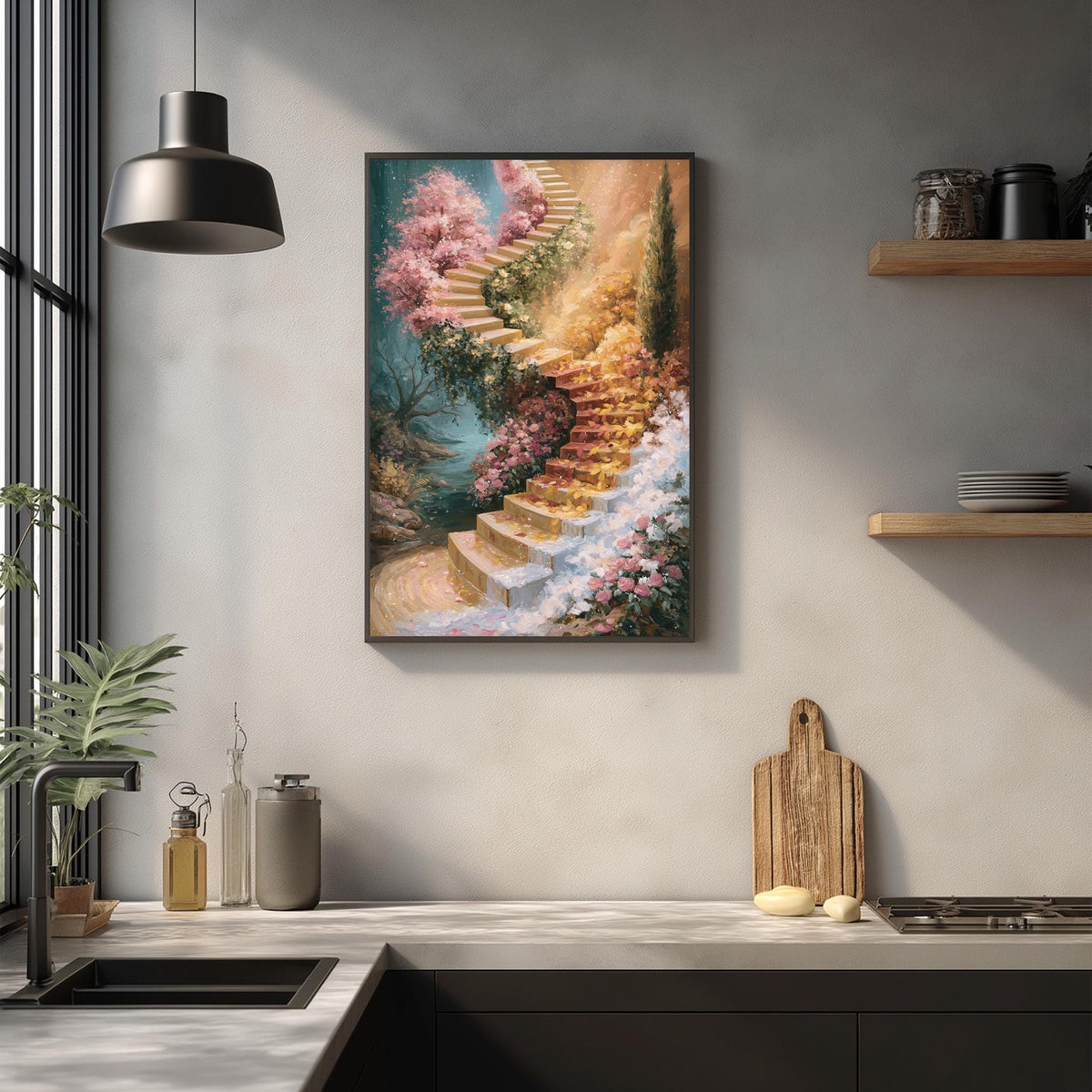 a kitchen counter with a framed painting of a staircase leading to a garden, a wooden cutting board, and various kitchen items such as a bottle, a vase, and a bowl.