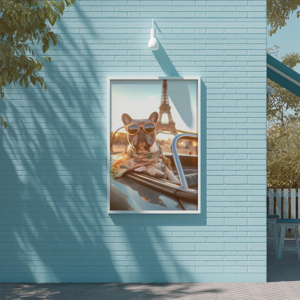 A framed photo of a dog wearing sunglasses and sitting in a car, with the Eiffel Tower visible in the background.