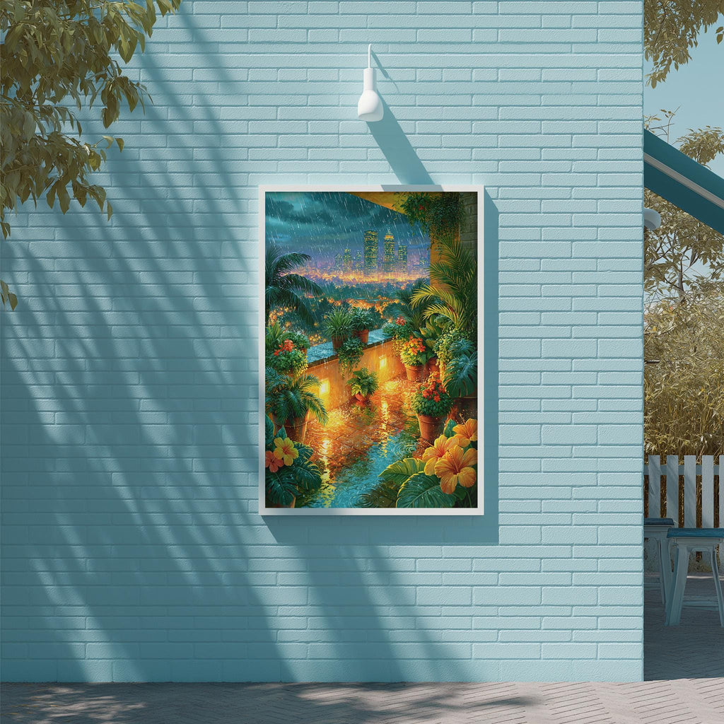 a vibrant painting of a tropical landscape, with palm trees, a river, and a city skyline in the background. The painting is displayed on a blue brick wall, and there is a white light fixture above it.
