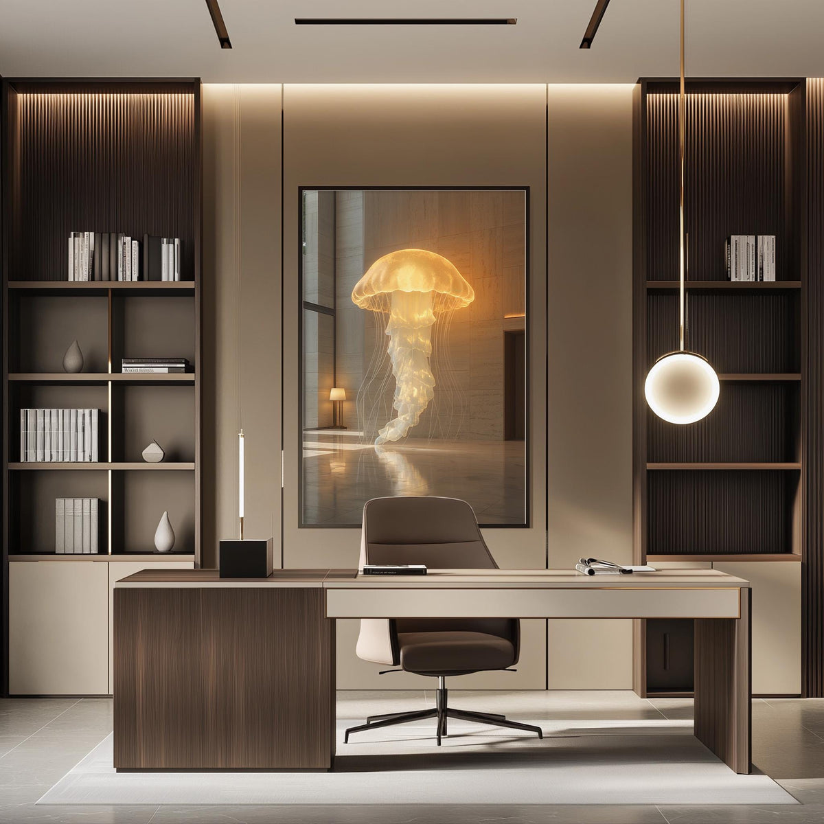 a modern and stylish office space with a large framed artwork of a jellyfish on the wall, a wooden desk with a chair, and built-in bookshelves.