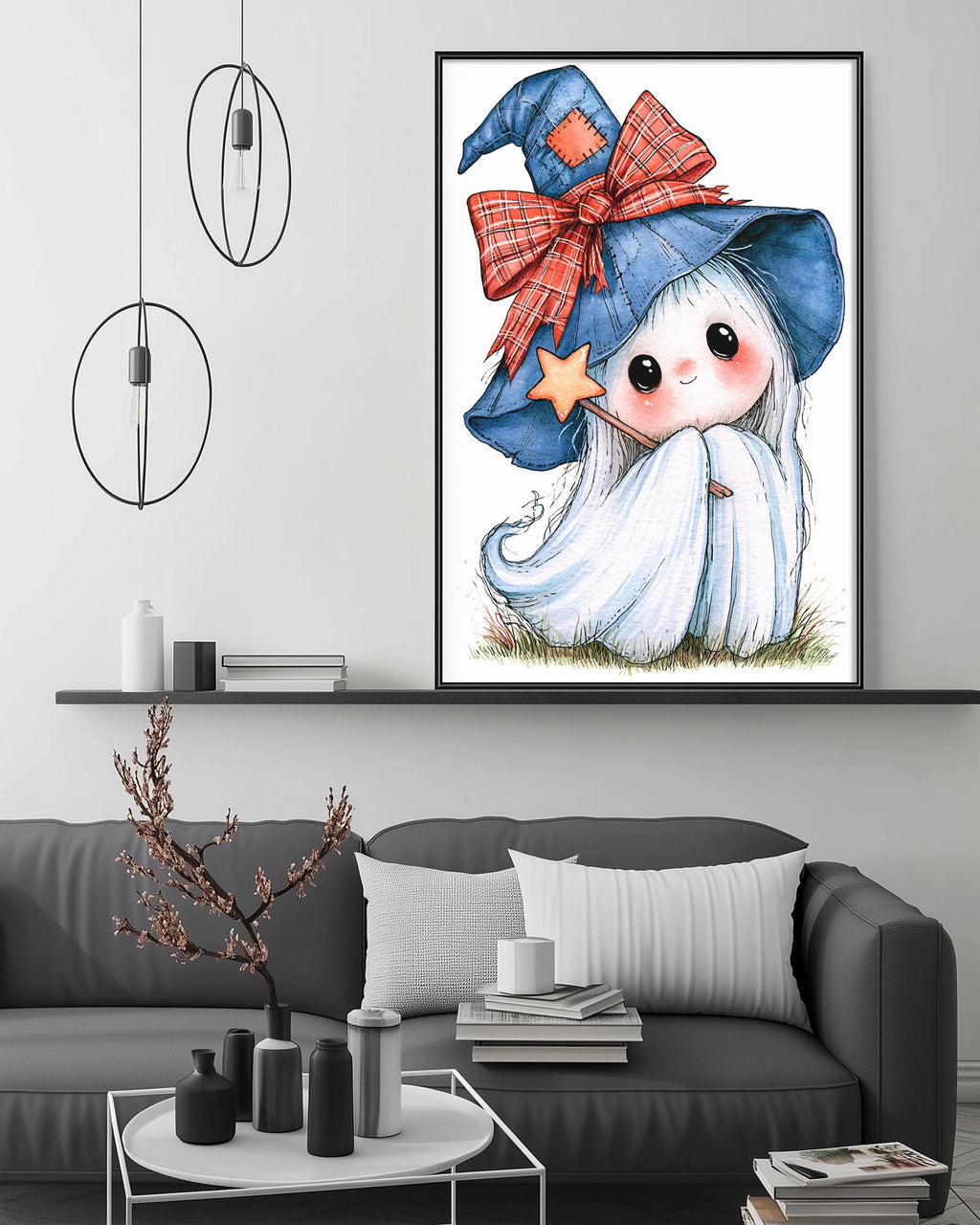 a cozy living room with a gray couch, a coffee table, and a framed illustration of a ghost wearing a witch's hat with a bow and star on the wall.