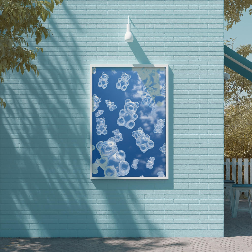 a blue wall with a framed picture of white bubbles floating in the sky, creating a whimsical and playful atmosphere.