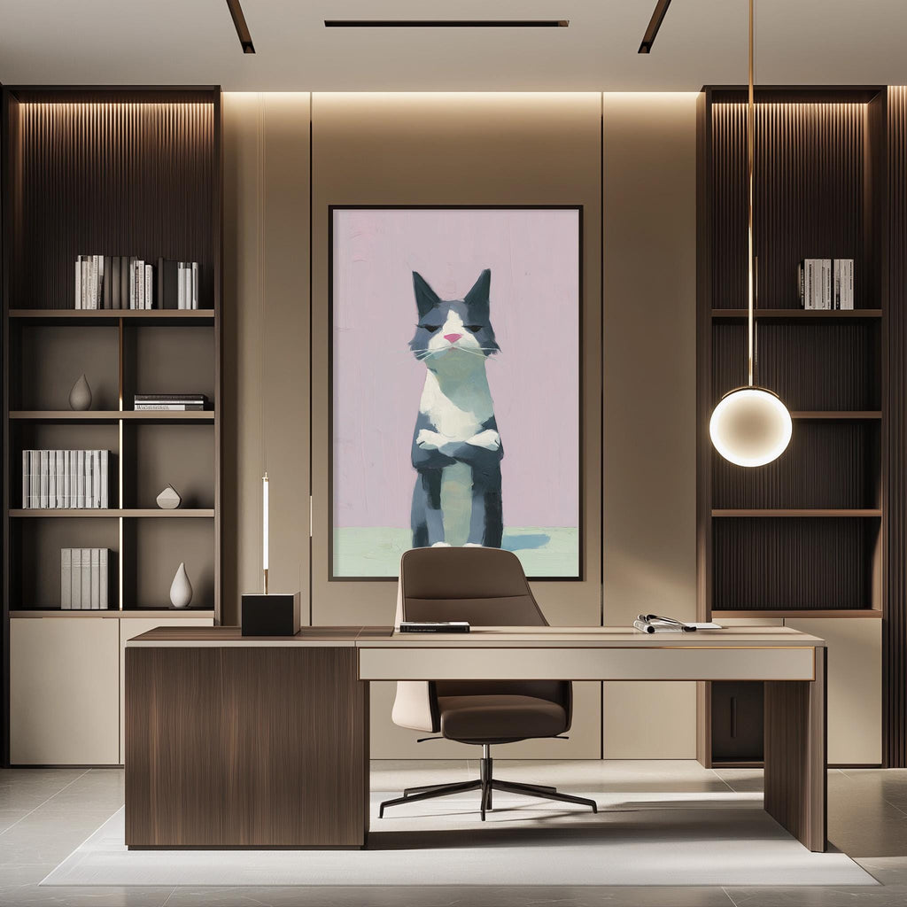a modern office space with a large framed artwork of a cat on the wall. The office features a wooden desk, a chair, and a bookshelf filled with books. The overall design and decor create a professional and stylish atmosphere.