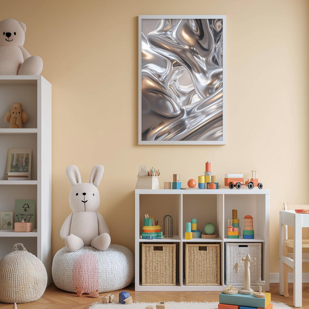 A cozy and colorful children's bedroom with a large stuffed rabbit, a bookshelf, and a toy chest filled with toys. The walls are painted a light peach color, and there is a large abstract painting hanging above the bookshelf.