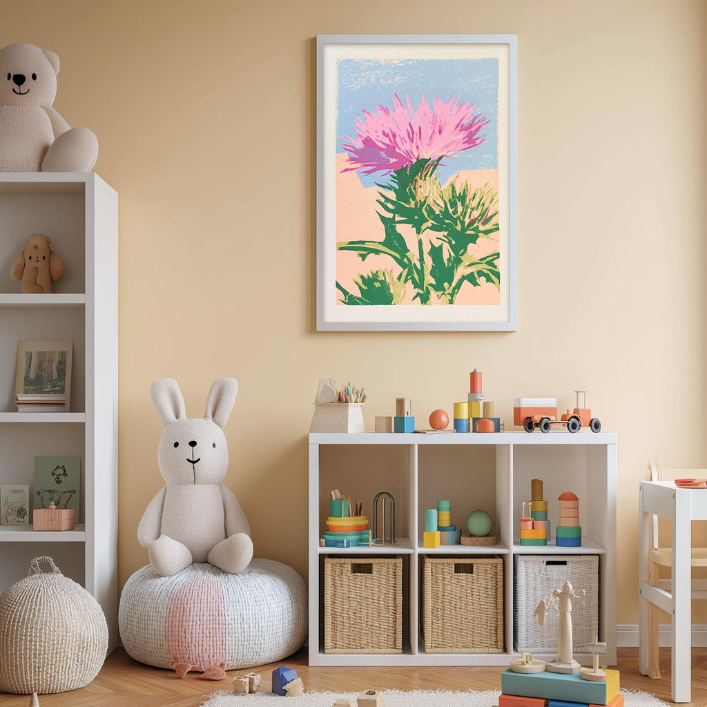 A child's bedroom with a white bookshelf, a stuffed rabbit, a toy train, and a framed print of a pink flower on the wall.