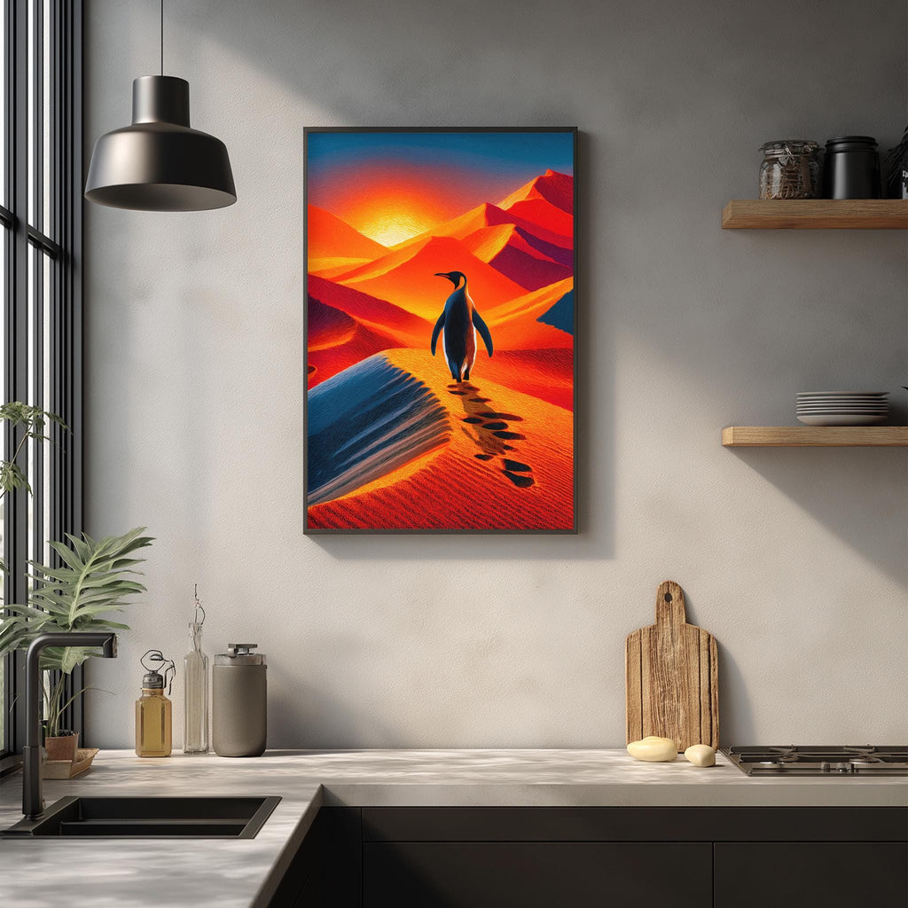 a penguin standing on a beach with a sunset in the background.