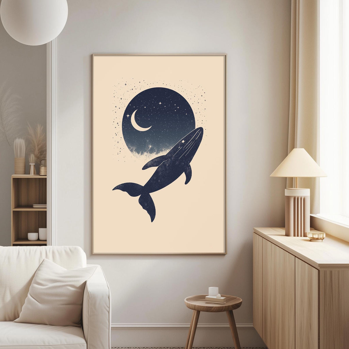 a large framed artwork depicting a whale against a night sky with a crescent moon and stars. The artwork is hanging on a wall in a living room setting, with a white couch and a wooden side table nearby.