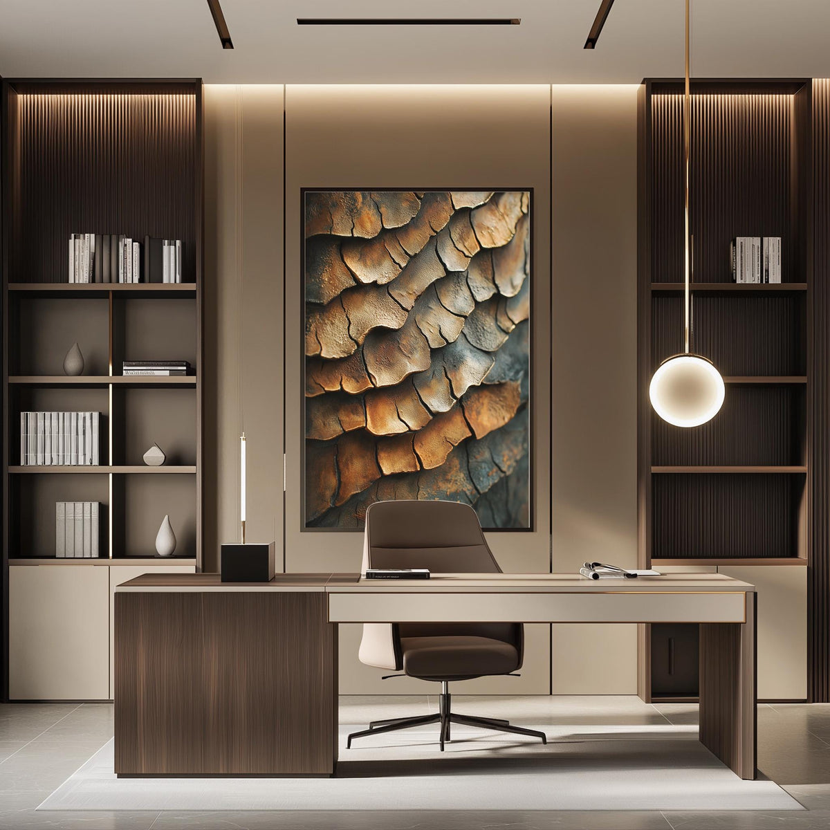 a modern and minimalist office space with a large abstract painting on the wall, a wooden desk with a chair, and built-in bookshelves.