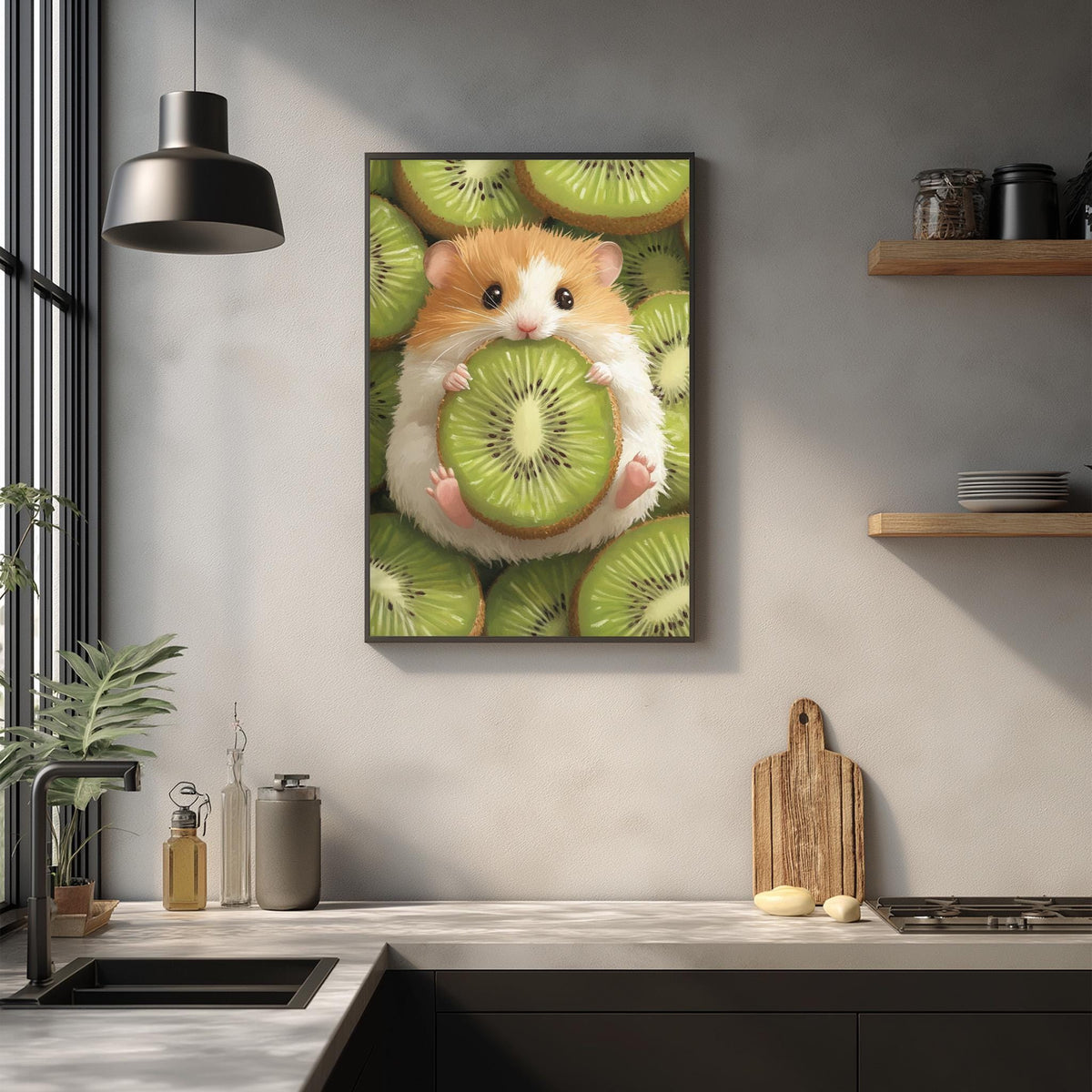 A framed illustration of a hamster holding a slice of kiwi is displayed on the wall above a kitchen counter.