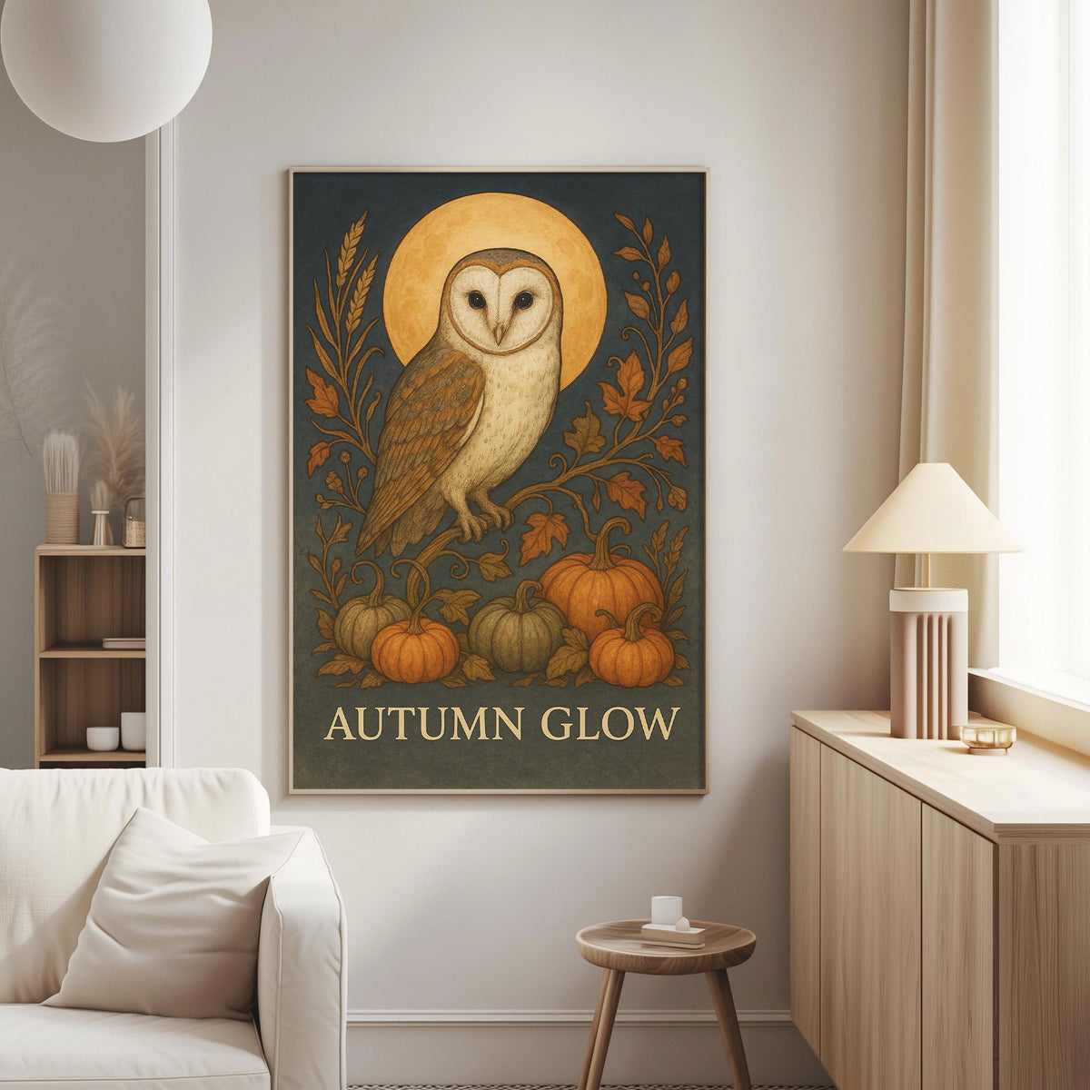 a large framed poster of an owl on a wall, with the text "Autumn Glow" below it.