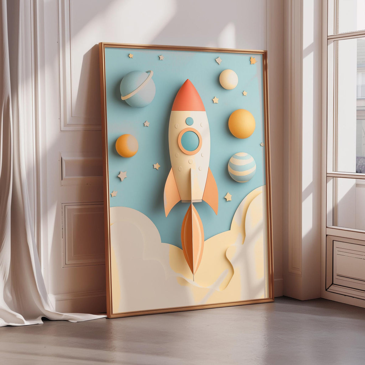 A framed artwork depicting a rocket ship soaring through a space scene, with planets and stars surrounding it.