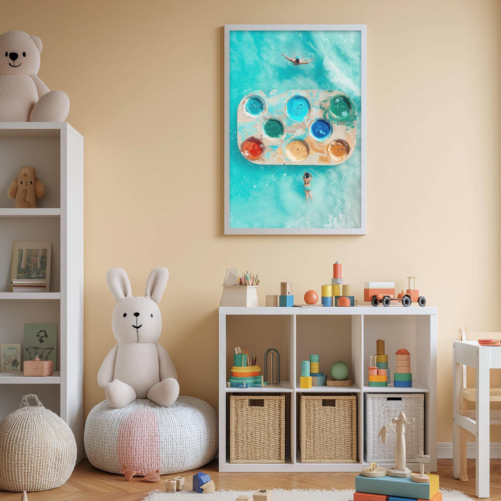 a child's bedroom with a large white bookshelf, a stuffed rabbit, a colorful painting of a swimming pool, and various toys and storage bins.